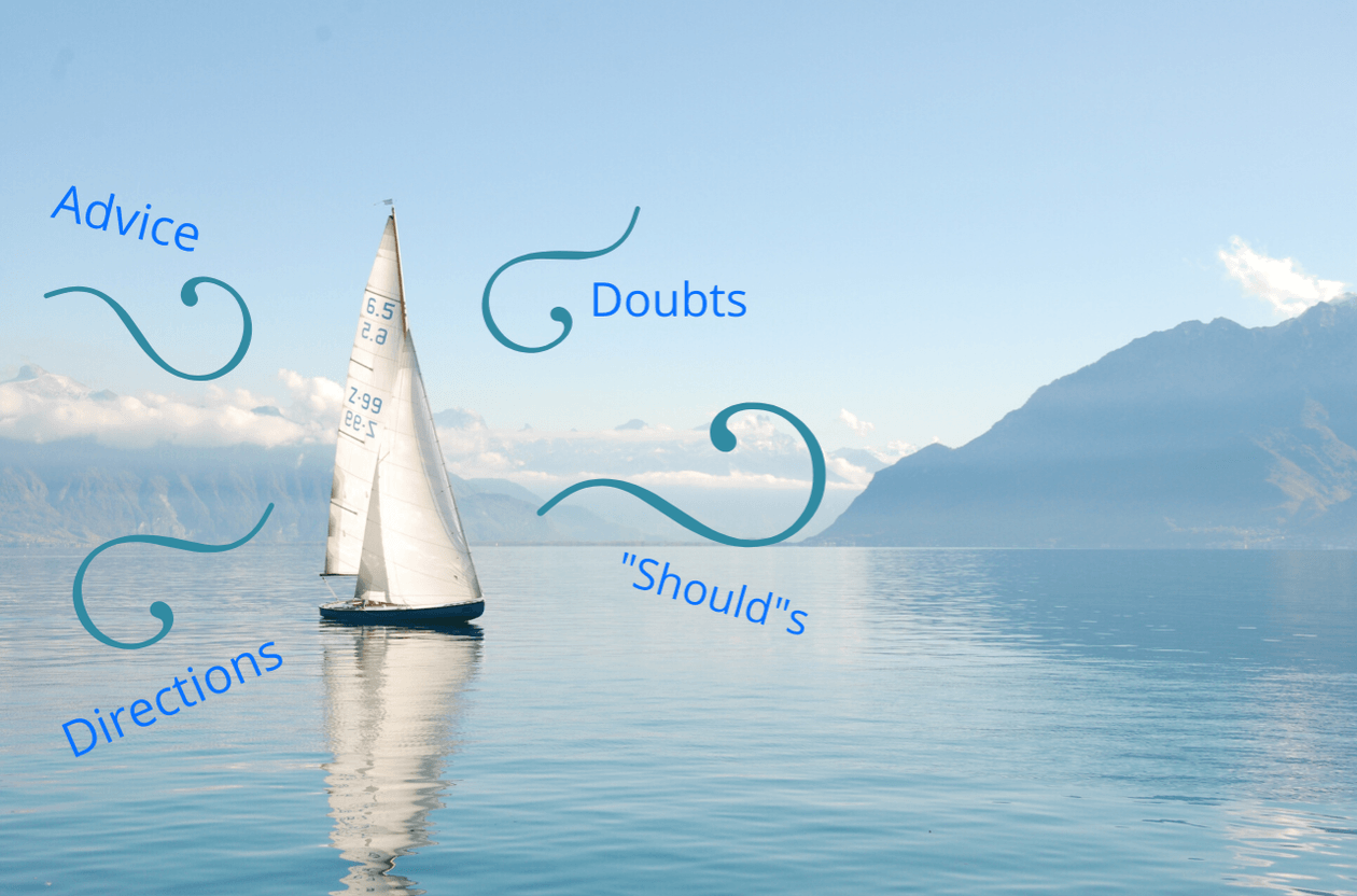 a sailboat being pushed in different directions by winds that represent advice from others