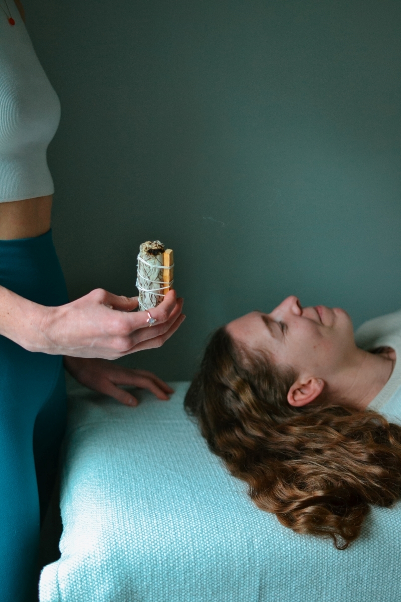 "Sage during a Reiki session with Sheila"